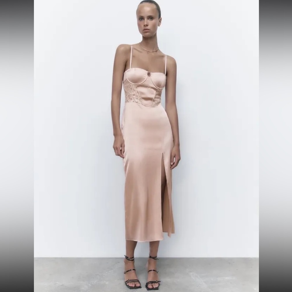 Zara Lace Corset Taupe Midi Dress